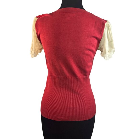 Worthington Women's Size Medium Red Knit Top With Sheer Sleeves & Button Accents - Picture 4 of 7